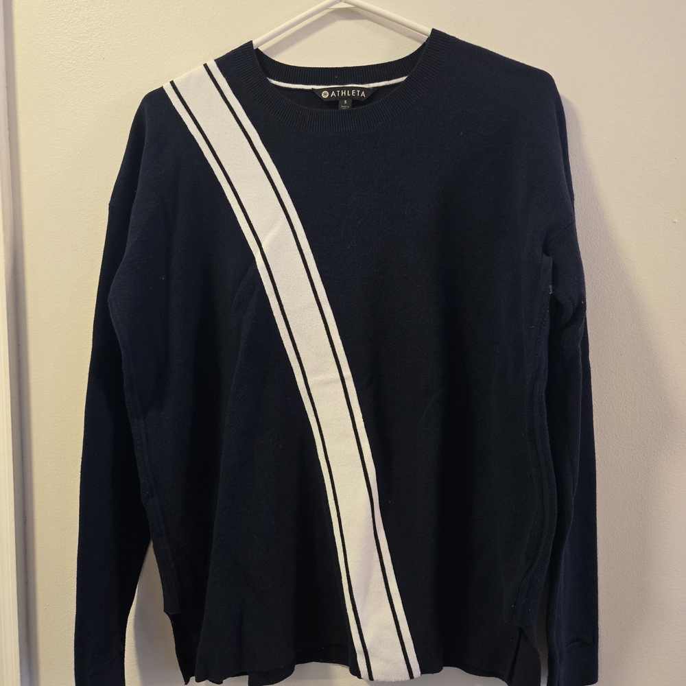Athleta Womens Navy Sweater with White Stripe Crew Neck Size S.
